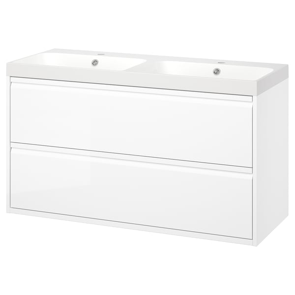 White wall-mounted double sink vanity with modern design and high gloss finish.