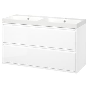 White wall-mounted double sink vanity with modern design and high gloss finish.