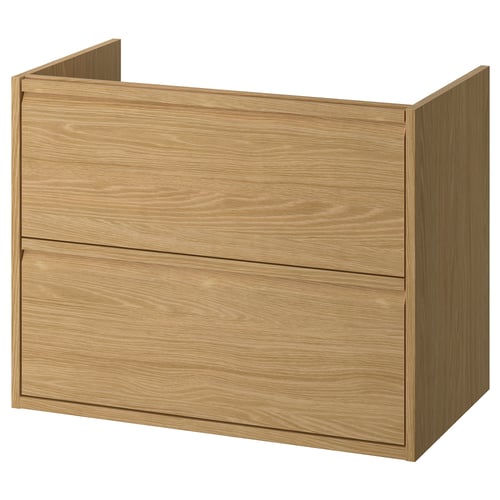 ÄNGSJÖN oak brown wooden bathroom cabinet with two drawers, sleek handles, modern minimalist design.