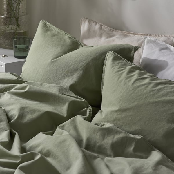 ÄNGSLILJA Duvet cover and 2 pillowcases, grey-green, 240x220/50x80 cm