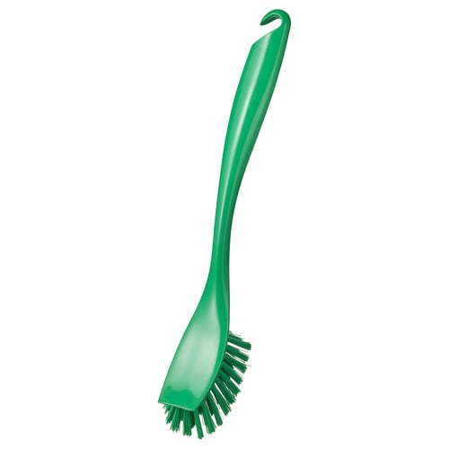 Green dish brush with scraper edge, long handle, and hanging hole, made of recycled plastic.