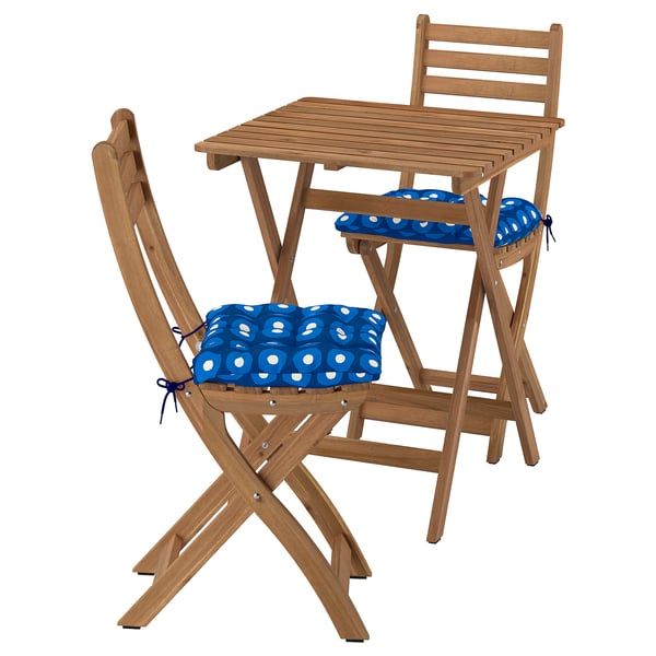 ASKHOLMEN Table+2 folding chairs, outdoor, foldable dark brown/Klösan dark blue, 60x62 cm