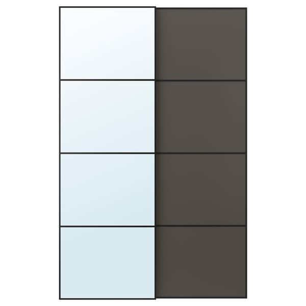 AULI / MEHAMN Pair of sliding doors, black mirror glass/double sided dark grey, 150x236 cm