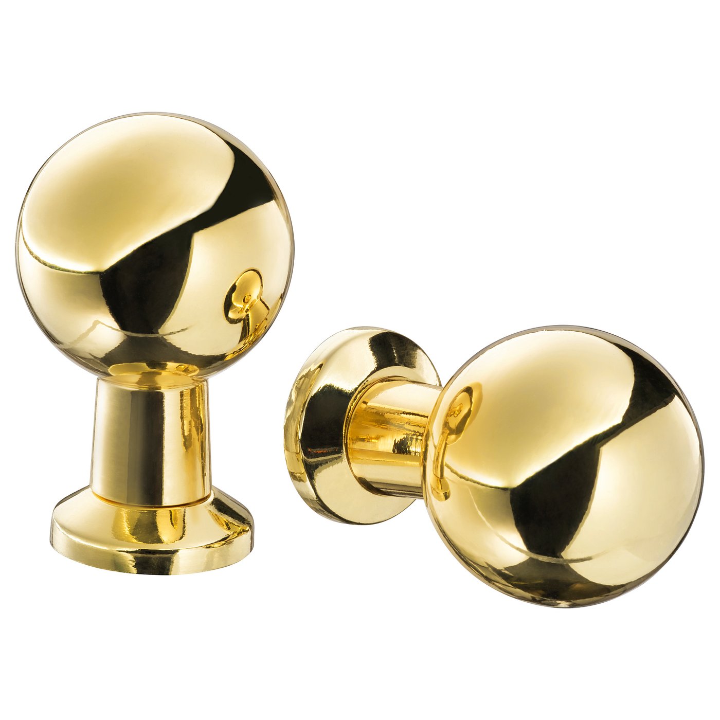 Two shiny gold, spherical BAGGANÄS knobs, one with a stem, one without, brass-plated stainless steel.