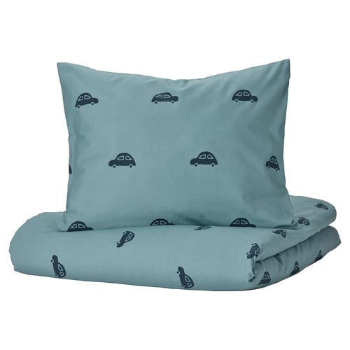 A blue barndrom duvet cover with car print, rectangular shape, soft cotton material for comfort.