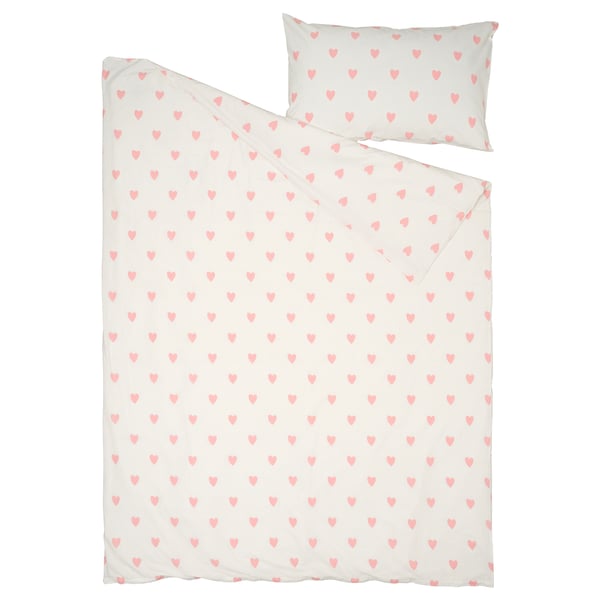 BARNDRÖM Duvet cover and pillowcase, heart pattern white/pink, 150x200/50x80 cm