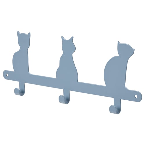 A grey, cat-themed coat hook. It has three metallic, curved hooks shaped like cats. It is designed for organising items in a child-friendly manner.