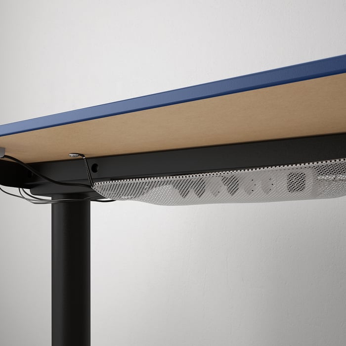 BEKANT مكتب زاوية، الجلوس يميناً/وقوف مشمع أزرق/أسود IKEA