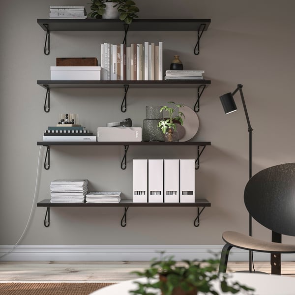 BERGSHULT / FÖRLÄGGARE Wall shelf, brown-black/black, 120x30 cm