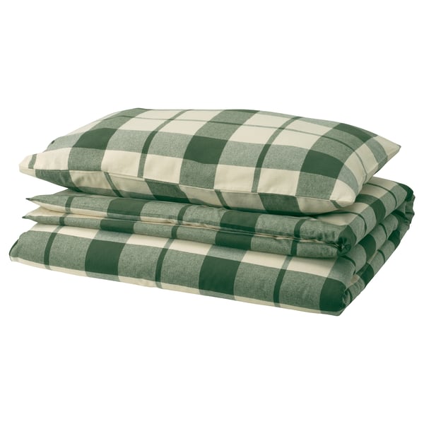 BESKSÖTEMAL Duvet cover and pillowcase, green/check, 150x200/50x80 cm