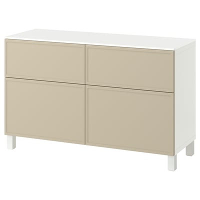 BESTÅ Storage combination w doors/drawers, white/Krukmakare beige, 120x42x75 cm