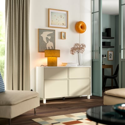 BESTÅ Storage combination w doors/drawers, white/Krukmakare beige, 120x42x75 cm