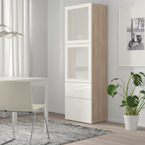 Besta Storage Combination W Glass Doors Grey Stained Walnut