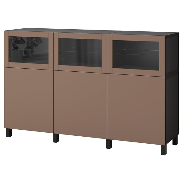 BESTÅ Storage combination with doors, black-brown Lappviken/light grey-brown clear glass, 180x42x112 cm