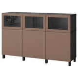 BESTÅ Storage combination with doors, black-brown Lappviken/light grey-brown clear glass, 180x42x112 cm