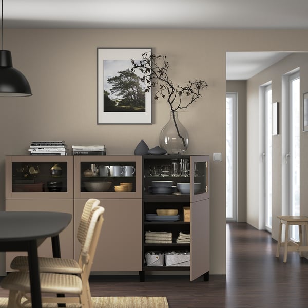 BESTÅ Storage combination with doors, black-brown Lappviken/light grey-brown clear glass, 180x42x112 cm