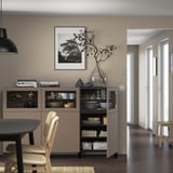 BESTÅ Storage combination with doors, black-brown Lappviken/light grey-brown clear glass, 180x42x112 cm