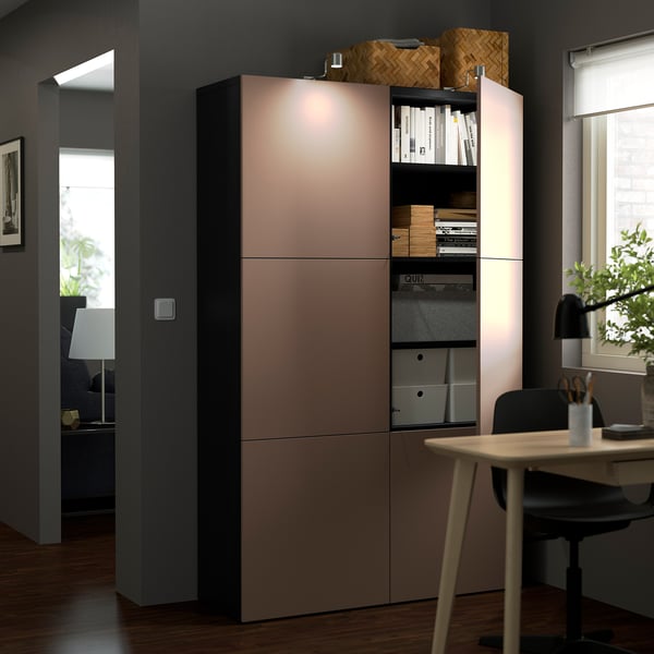 BESTÅ Storage combination with doors, black-brown/Lappviken light grey-brown, 120x42x193 cm