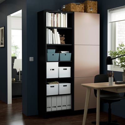 BESTÅ Storage combination with doors, black-brown/Lappviken/Stubbarp light grey-brown, 120x42x202 cm