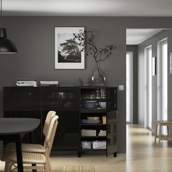 BESTÅ Storage combination with doors, black-brown Selsviken/Glassvik high-gloss/black smoked glass, 180x42x112 cm