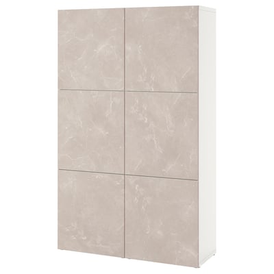 The BESTÅ cabinet four beige marble-textured doors and a white frame, offering stylish and functional storage.
