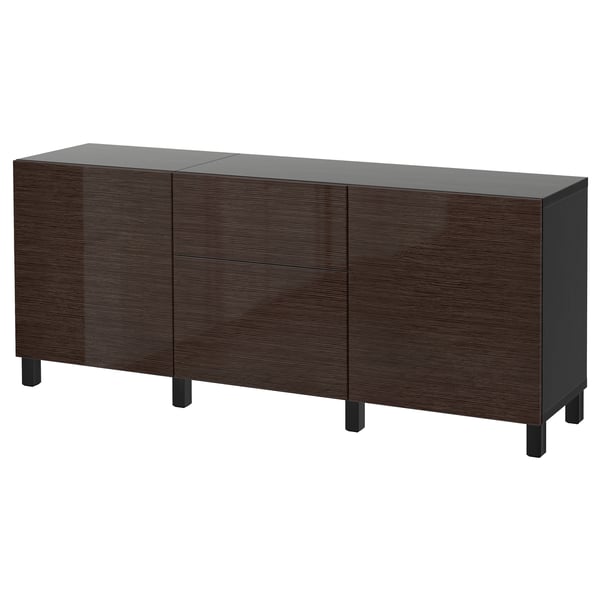 BESTÅ Storage combination with drawers, black-brown/Selsviken/Stubbarp high-gloss/brown, 180x42x74 cm