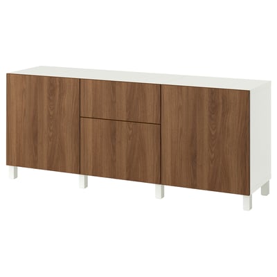 BESTÅ Storage combination with drawers, white Lappviken/Stubbarp/brown walnut effect, 180x42x74 cm