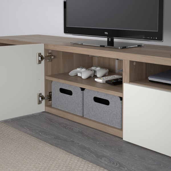 BESTÅ TV bench, grey stained walnut effect/Selsviken high-gloss/white, 180x42x39 cm