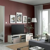 BESTÅ TV bench with drawers and door, white/Bergsviken beige, 180x42x39 cm