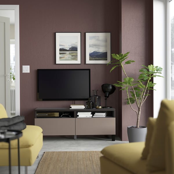 BESTÅ TV bench with drawers, black-brown/Hjortviken/Stubbarp brown, 120x42x48 cm