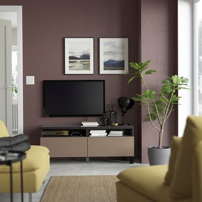 BESTÅ TV bench with drawers, black-brown/Lappviken/Stubbarp light grey-brown, 120x42x48 cm