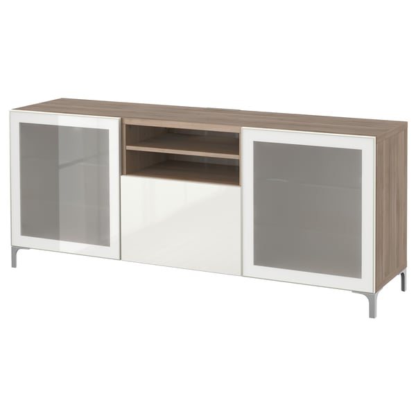 Besta Tv Bench With Drawers Grey Stained Walnut Effect