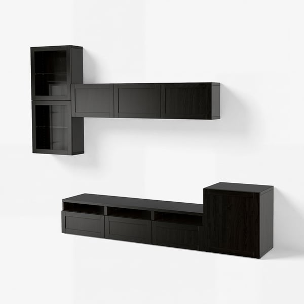 BESTÅ TV storage combination/glass doors, black-brown/Hanviken black-brown clear glass, 300x42x211 cm