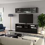 BESTÅ TV storage combination/glass doors, black-brown/Selsviken high-gloss/black clear glass, 180x42x192 cm