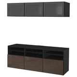 BESTÅ TV storage combination/glass doors, black-brown/Selsviken high-gloss/brown clear glass, 180x42x192 cm
