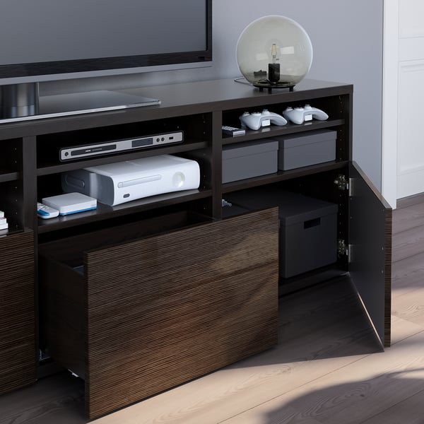 BESTÅ TV storage combination/glass doors, black-brown/Selsviken high-gloss/brown clear glass, 180x42x192 cm