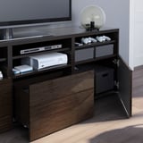 BESTÅ TV storage combination/glass doors, black-brown/Selsviken high-gloss/brown clear glass, 180x42x192 cm