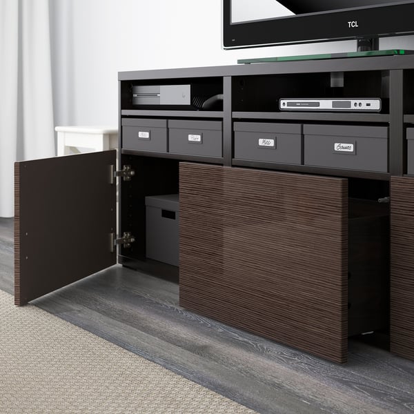 BESTÅ TV storage combination/glass doors, black-brown/Selsviken high-gloss/brown clear glass, 180x42x192 cm