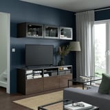 BESTÅ TV storage combination/glass doors, black-brown/Selsviken high-gloss/brown clear glass, 180x42x192 cm