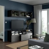 BESTÅ TV storage combination/glass doors, black-brown Sindvik/Kallviken dark grey, 180x42x192 cm