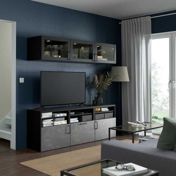 BESTÅ TV storage combination/glass doors, black-brown Sindvik/Kallviken dark grey, 180x42x192 cm
