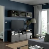 BESTÅ TV storage combination/glass doors, black-brown Sindvik/Kallviken dark grey, 180x42x192 cm
