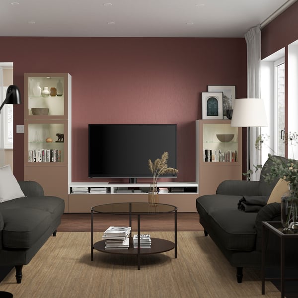 BESTÅ TV storage combination/glass doors, white Sindvik/Lappviken light grey-brown, 300x42x193 cm