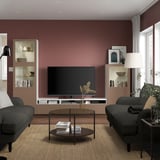 BESTÅ TV storage combination/glass doors, white Sindvik/Lappviken light grey-brown, 300x42x193 cm
