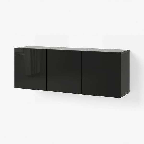 BESTÅ Wall-mounted cabinet combination, black-brown/Selsviken high-gloss/black, 180x42x64 cm