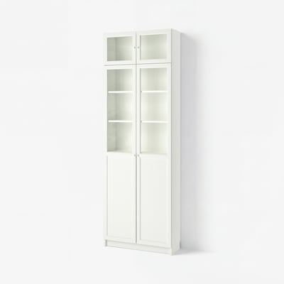 BILLY Bookcase w hght ext ut/pnl/glss drs, white, 80x30x237 cm