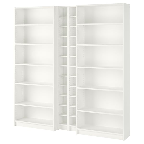 White BILLY bookcases with multiple adjustable shelves, great for storage and organisation.