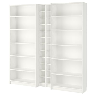 White BILLY bookcases with multiple adjustable shelves, great for storage and organisation.