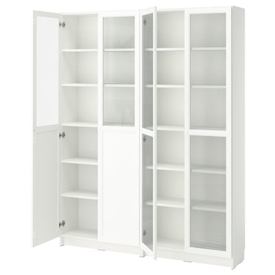 White BILLY bookshelf with glass doors, rectangular shape, adjustable shelves.
