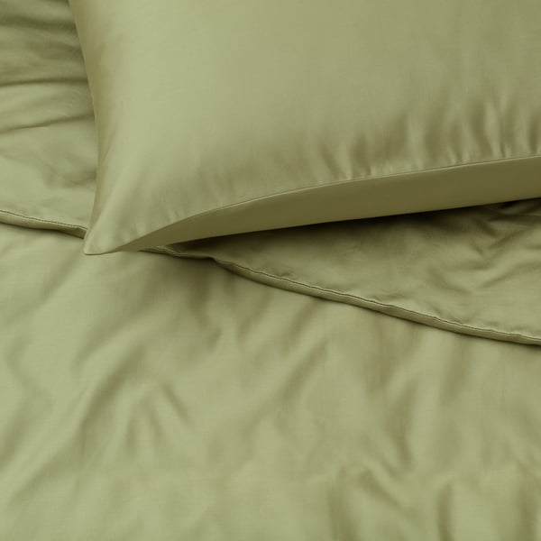 BJÖRKAL Duvet cover and 2 pillowcases, beige/green, 240x220/50x80 cm